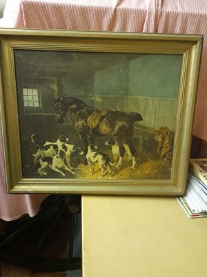 Lot 513 - Framed print of a cob in a stable with hounds