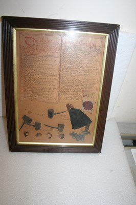 Lot 544 - Framed rules of Cockfighting along with several original cock spurs
