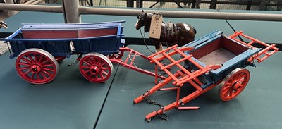 Lot 599 - Two models, one of a two wheeled flat cart, one of a farm wagon together with a model of a shire horse