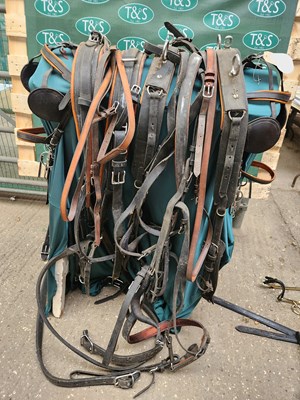 Lot 602 - Set of Pairs harness with breastcollar, black and brown with white metal fittings, complete with two bridles with bits and traces
