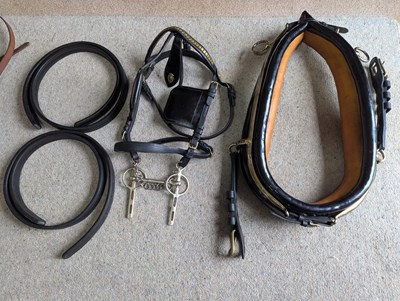 Lot 613 - English black leather harness made by Murphy in Winslow, to fit 14.2-15hh cob, complete with 22" collar and brass fittings