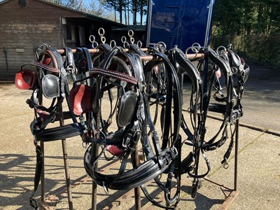 Lot 660 - Set of black leather and synthetic presentation harness with white metal fittings, to suit 15-16hh. Complete with reins and bridles but no breeching. English made by Broomells Saddlery