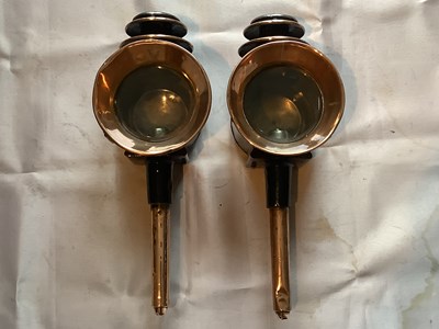 Lot 750 - Large pair of coach lamps with unusual copper trim