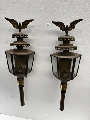 Lot 874 - Pair of Eagle top brass carriage lamps