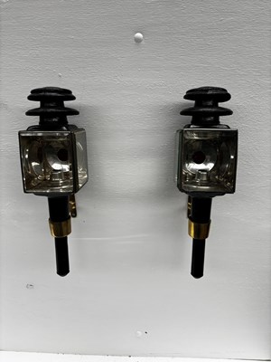 Lot 879 - Pair of black square fronted carriage lamps