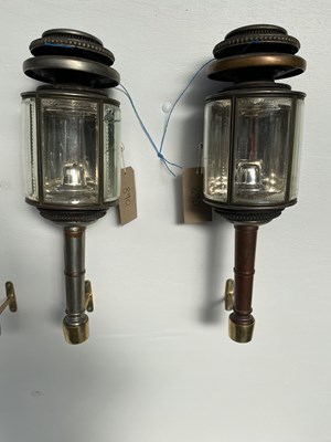 Lot 889 - Pair of circular black and white metal carriage lamps with etched bevelled glass panels and pagoda tops