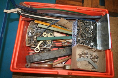 Lot 915 - Assorted box of saddler's tools to include buckles & fittings