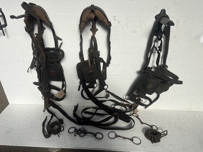 Lot 983 - Assortment of old heavy horse / trade harness including two interesting bridles with good blinkers, one with an old nosepiece engraved ‘Woolbridge, Maker, Wallingford’