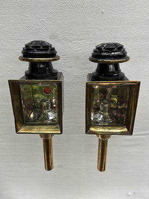 Lot 1086 - Pair of black and brass square-fronted lamps