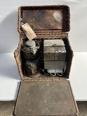 Lot 1255 - Drew & Sons of Piccadilly, London antique travelling spirit stove, complete with kettle, drinks caddy, cups and saucers in a wicker basket