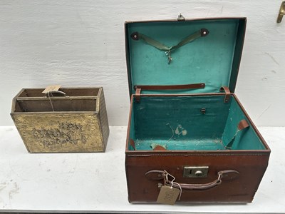 Lot 1280 - Small leather trunk, 18 x 14 x 11cm together with a brass magazine holder with a coaching scene on the front