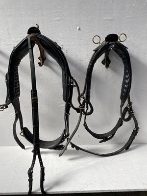 Lot 1290 - Two black patent and brass harness pads