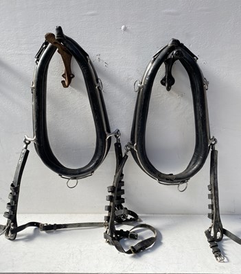 Lot 1298 - Pair of black and white metal 24" collars with hames and tugs
