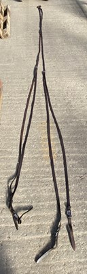 Lot 1307 - Set of brown and white metal Pair reins, 14ft 6"