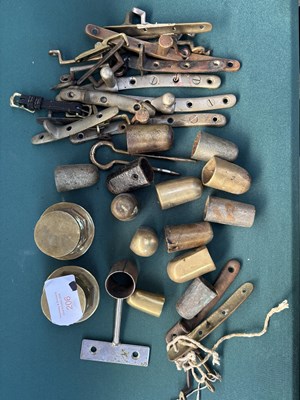 Lot 206 - Pair of brass hub caps with a box of misc brass fittings