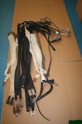 Lot 368 - Quantity of stirrup irons, leathers and girths