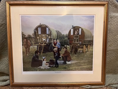 Lot 673 - Pair of signed framed prints by Mole Winter of gypsy families with caravans and horses