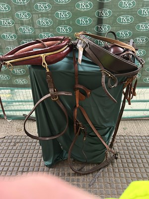 Lot 755 - Set of brown and brass harness with collar