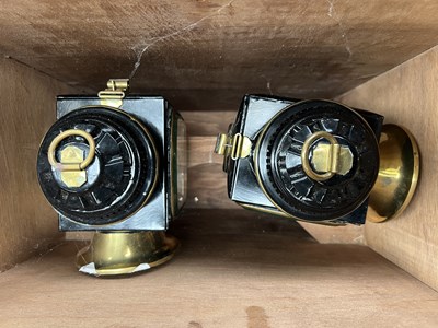 Lot 835 - Pair of black and brass carriage lamps made by Gadson of London