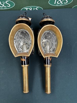 Lot 841 - Pair of horseshoe fronted lamps by Marston & Co, Birmingham with decorative flower etching to glass