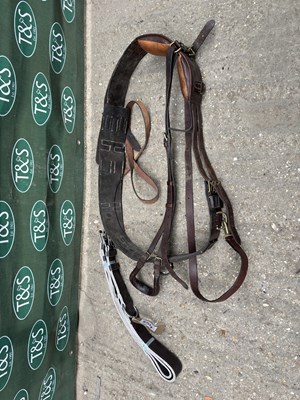 Lot 854 - Brown leather breaking pad with brass fittings with back strap, crupper and traces